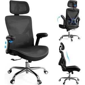 Ergonomic Office Chair-Computer X-Shaped Chair Mesh PU Leather with Adjustable Lumbar Support-Executive Desk Chair High Back with Headrest Flip-Up Arms for Long Hours (Black)