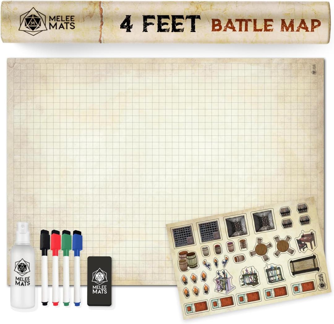 Melee Mats DND Map Starter Set - 35 x 48", Wet & Dry Erase Battle Terrain Grid for Dungeons and Dragons - Ultimate Tabletop Gaming Experience with Accessories