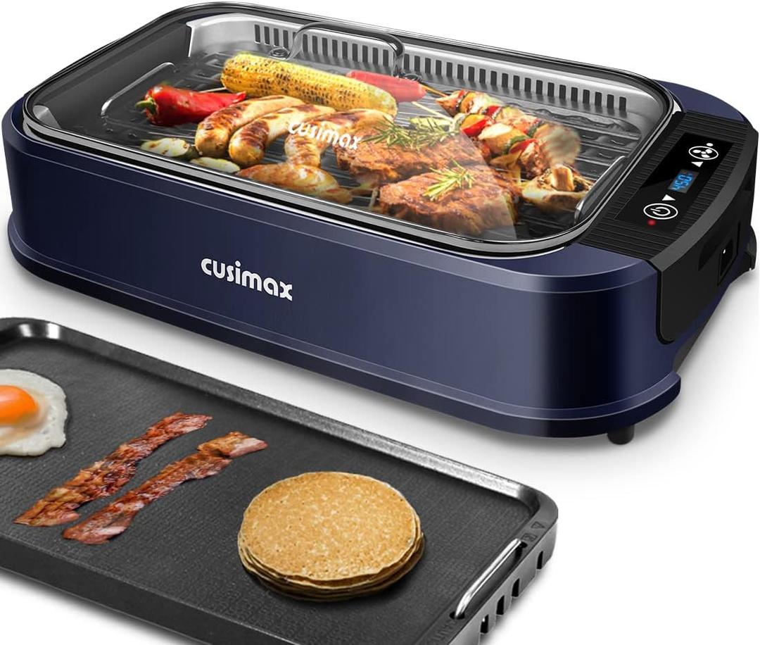 Electric Indoor Grill Griddle, CUSIMAX Smokeless Grill, Portable Korean BBQ with Turbo Smoke Extractor Technology, Non-stick Removable Plate & Griddle Plates (Blue Double Plates)