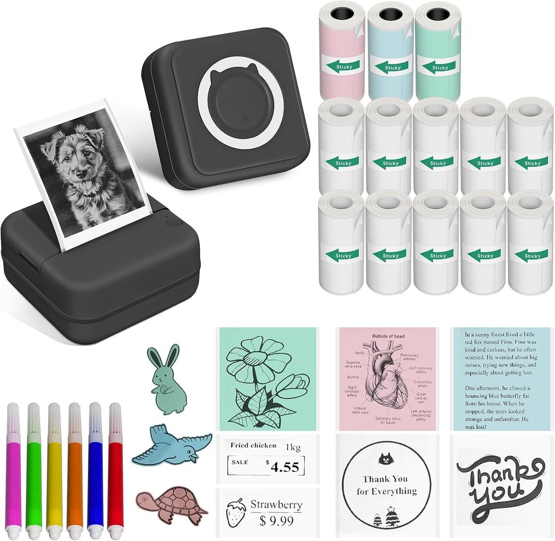 Aptika Sticker Printer - Print Pod 2.0 Mini Printer with 14 Rolls Sticky Paper, Thermarote Portable Sticker Maker Machine, Thermal Label Maker, Thermanote Labeller for Photos Notes Graphics, Black