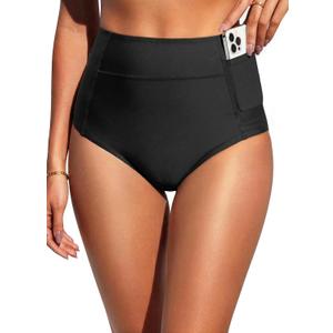 Tempt Me Women High Waisted Swimsuit Bikini Bottoms - Tummy Control Swim Bottom Full Coverage Bathing Suit with Pockets 2025 (Black, XXL)