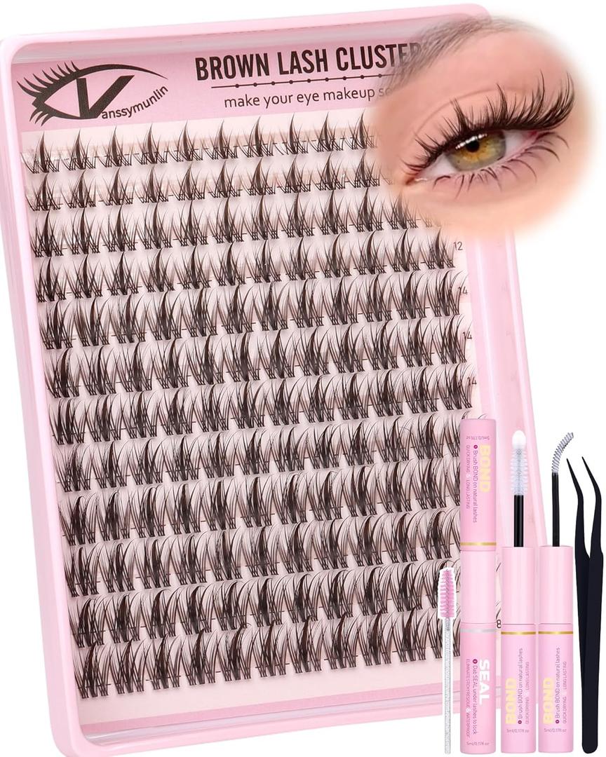 Brown Manga Lash Clusters Kit Natural Wispy Eyelashes Cluster Kit Fairy Anime Cluster Eyelash Extensions C Curl 10-18mm Lashes Clusters Clean Band Waterproof Individual Lashes with Brush