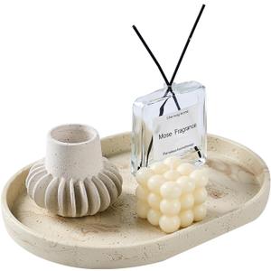 Natural Travertine Textures Tray, 13" Oval Vanity Decorative Tray for Countertop, Perfume, Candles, Jewelry Dish Tray