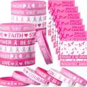 2 x 30 Sets/ 60 Pcs Breast Cancer Awareness Bracelets with Pink Ribbon Cards, Include 30 Silicone Wristbands 30 Pink Ribbon Awareness Cards for Charity Breast Cancer Party Supplies (Pink)