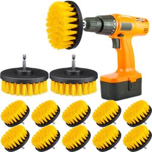 Drill Brush Attachment Power Scrubber Cleaning Kit Multi Purpose Drill Brush Set Drill Scrubber Brush Kit Cleaning Brushes for Drill Bathroom Surfaces Tub Grout Shower Kitchen (Yellow, 12 Pcs)