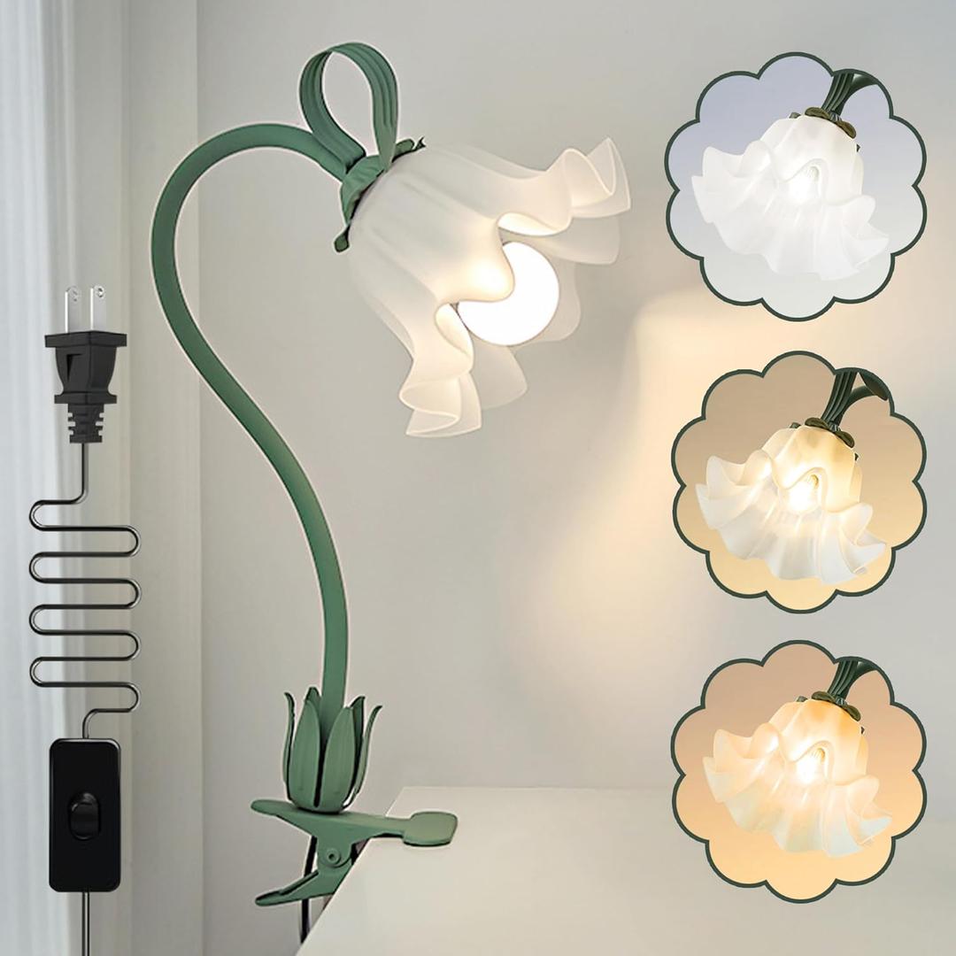 Flower Desk Lamp,LED Reading Light 360Rotation Clip on Lamps,Vintage Flower Bedside Night Light,3 Colors Modes Book Lights Decor for Bedroom Bed Headboard Office Lighting Table Lamp Home Decoration