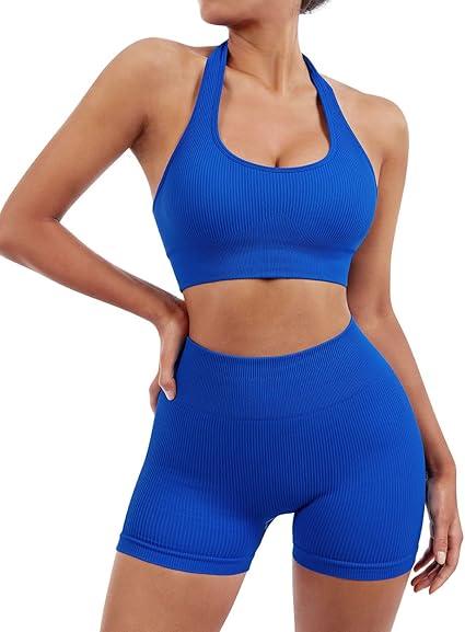 Two Piece Workout Sets For Women Sports Bra Matching High Waist Scrunch Butt Shorts Gym Yoga Athletic Clothes (Medium, Blue)