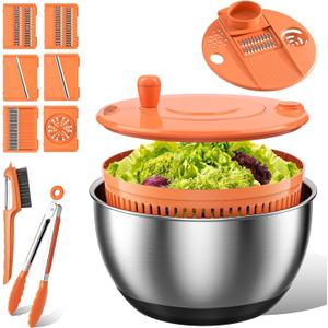EMOJOY Stainless Steel Salad Spinner Large, 3-in-1 Vegetable Wash Bowl, Salad Bowl & Lettuce Spinner, Fruit Cleaner with Non-Slip Base, Dishwasher Safe, 5 Blade Slicer & Egg Yolk Separator, 4.25Qt