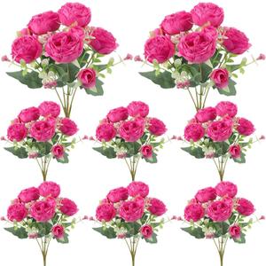 8 Pack Hot Pink Peonies Artificial Flowers, Fake Silk Hydrangea Bouquet for Bridal Wedding Home Table Decor Reusable Dining Opening Ceremony Birthday Arrangement Faux Floral