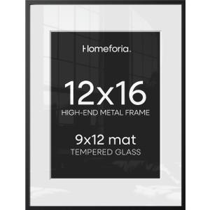 Homeforia 12x16 Black Picture Frame, High-End Metal, 9x12 Mat, Glass