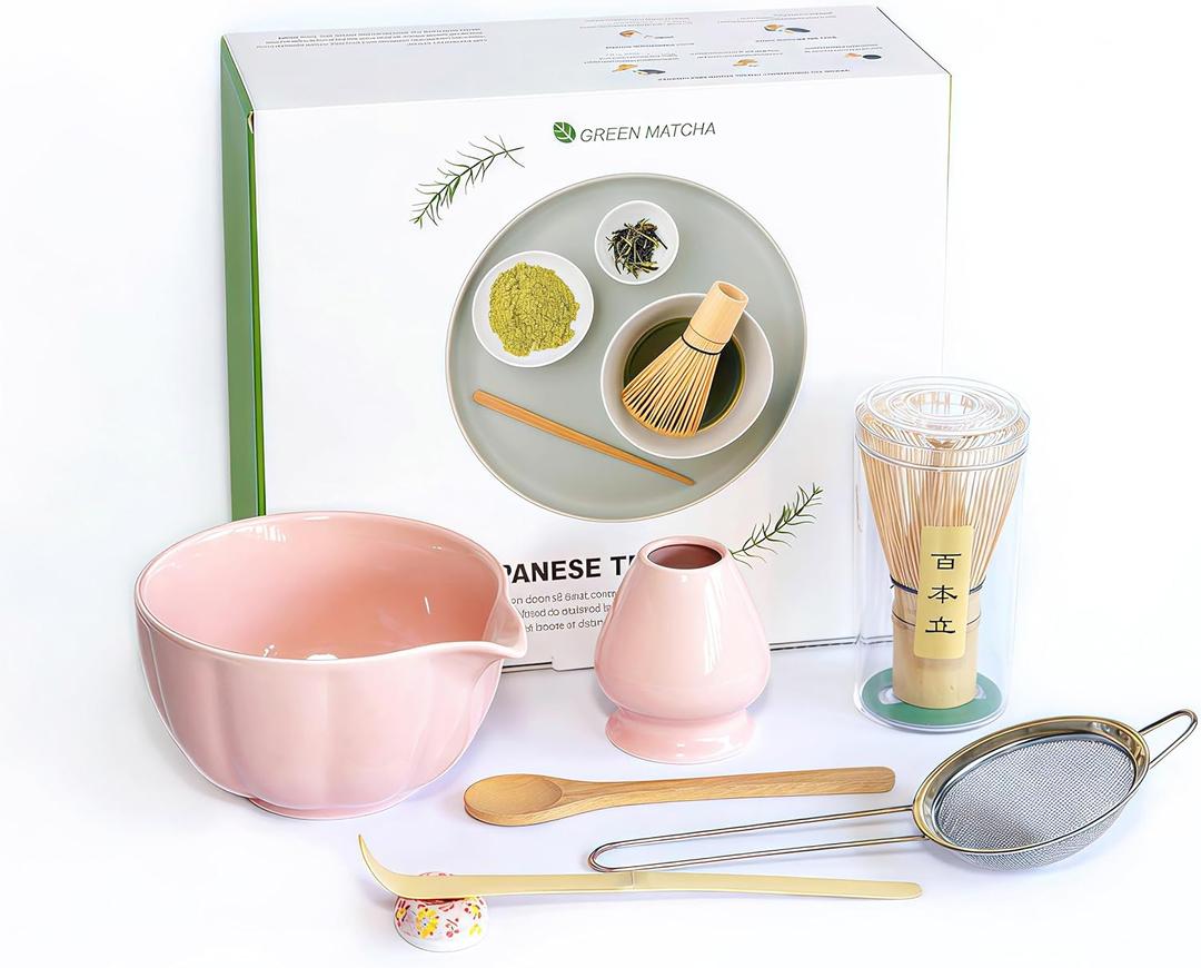 Matcha Whisk Set  7 Pcs Japanese Tea Set with Matcha Bowl, Bamboo Whisk, Scoop, Holder, Sifter  Traditional Matcha Kit for Ceremony, Gift for Matcha Lovers (Cherry Blossom Pink)