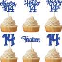 30Pcs 14th Birthday Cupcake Toppers Hello 14 Cupcake Picks Fourteen Cheers to 14 Years Old Cake Decorations for 14th Birthday Anniversary Party Supplies Deep Blue Glitter