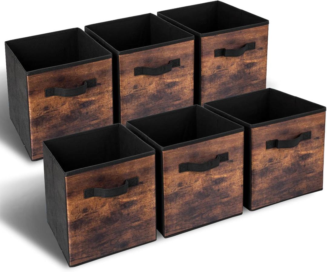 EWES 13 Inch Fabric Storage Cubes, 6 Pack Foldable Storage Bins with Handle, Storage Baskets Box for Shelves, Closet, Organizer, Brown Black