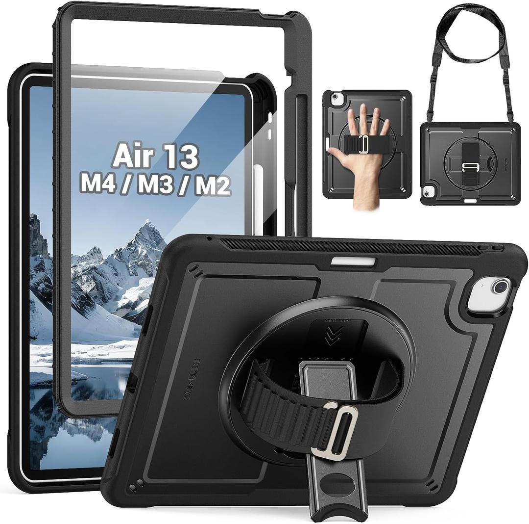 SEYMAC for iPad Air 13 Inch Case M4 / M3 / M2 (2026/2025 / 2024), Full-Body Shockproof Protective Case with Screen Protector, Rotating Stand, Hand/Shoulder Strap, Black