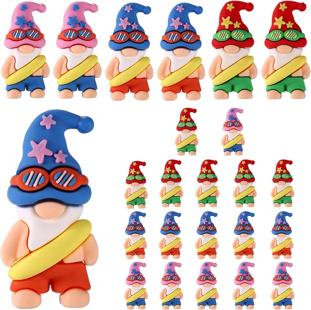 24pcs Mini Fairy Gnome Figurines, Colorful PVC Summer Beach Gnome Statues Miniature Dwarf Garden Decor for Indoor Outdoor Patio Yard Shelf (Blue, Pink & Red, 8 Each)