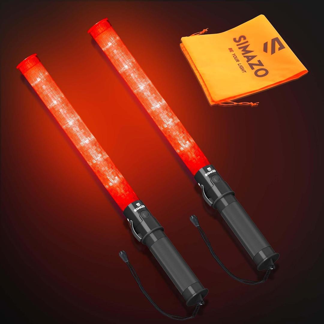 2 Pack Traffic Wand, 21 Inch Red Traffic Control Wand with 3 Flashing Modes, LED Traffic Safety Baton with Side Clip for Traffic Control, Fire Rescue, Air Marshaling