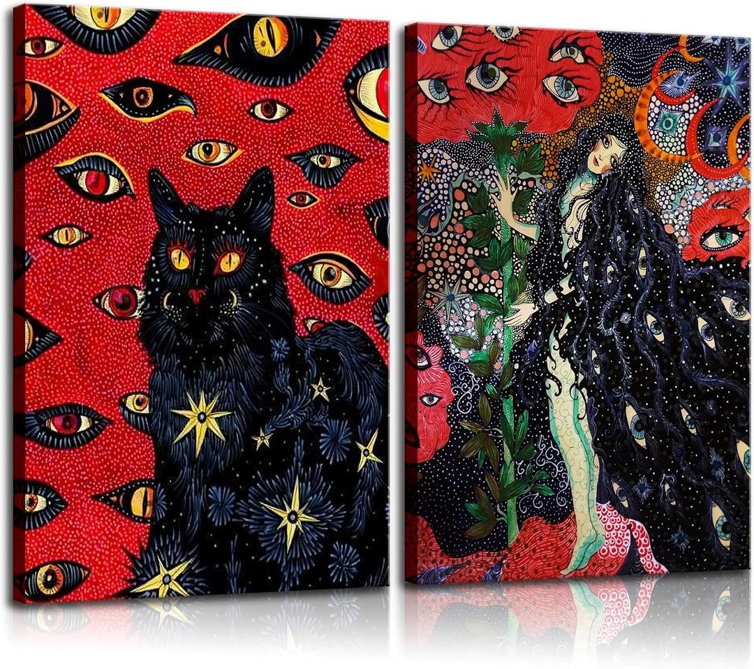 2 Pcs Framed Black Cat Cohen Hippie Psychedelic Retro Cool Girl Wall Art Mystical Animal Eyes Stars Canvas Print Art Poster Cat Lover Wall Decor Pictures Bedroom Living Room Teen Dorm Decor