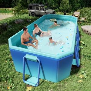Large Foldable Non-Inflatable Swimming Pool for Kids, Adults & Pets, Outdoor Splash Pool with Drain, Easy to Assemble Above Ground Pool for Backyard & Garden (210x140x55cm)