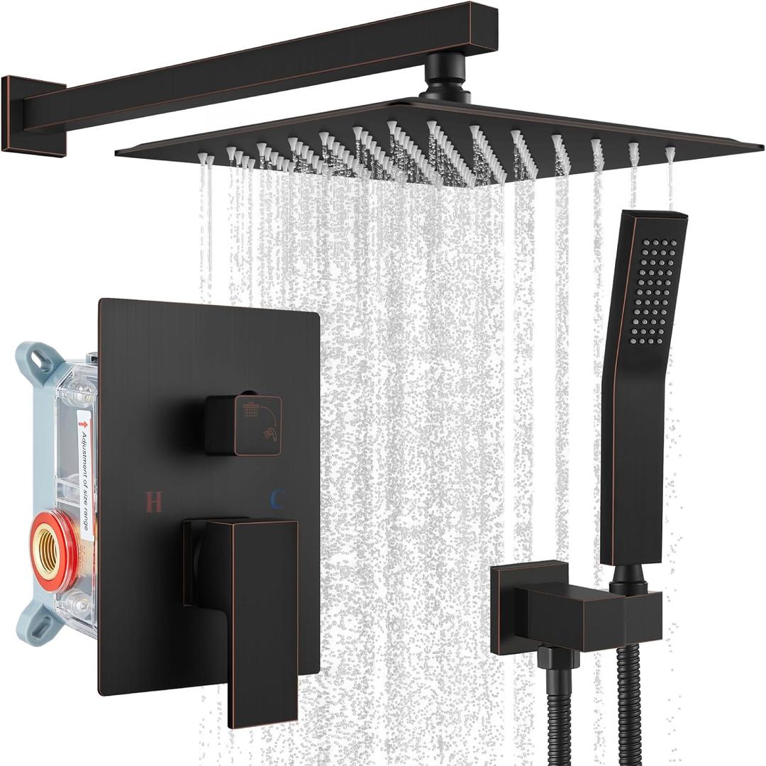 gotonovo Rainfall Bathroom Shower System Rain Shower Head and Handle Set Wall Mounted Shower Complete Combo Solid Brass Pressure Balancing Shower Mixer Valve 10 Inch Oil Rubbed Bronze