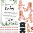RoundFunny 33 Pcs Baby Shower Diaper Changing Game Supplies Including Dolls Blindfold Diapers Wooden Sign for Changing Race Gender Reveal Party Favors (Greenery)
