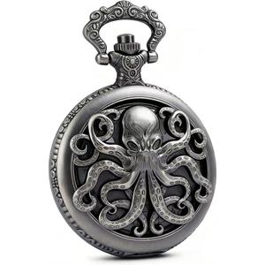 Vintage Octopus Hollow Quartz Pocket Watch Steampunk Black Pocket Watch with Necklace Chain (grey)
