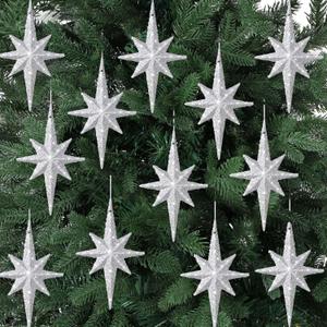 12 Pcs Christmas Silver Bethlehem Star Ornament 4.72 x 2.95 Inch Star of Bethlehem Christmas Tree Topper Glitter Ornament Plastic Nativity Stars Hanging Decor Accessories