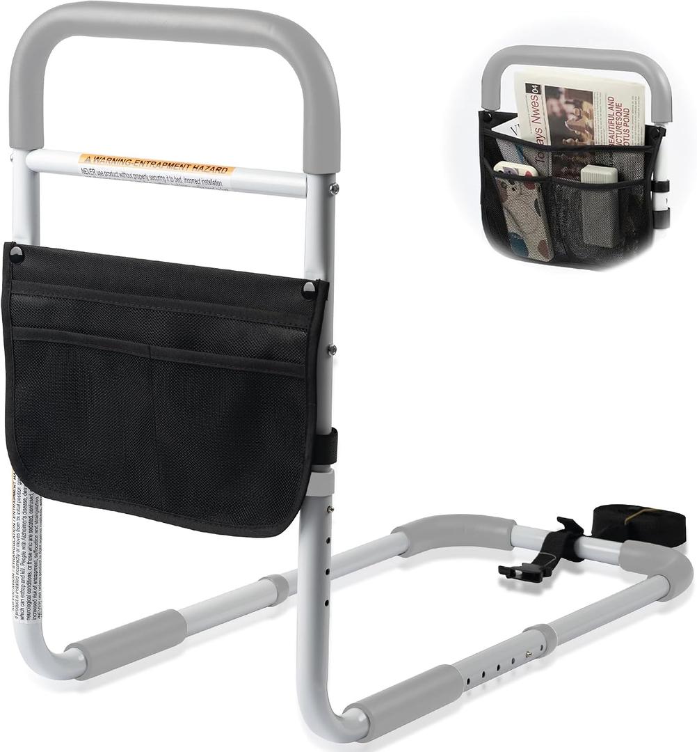 Panta Bed Assist Rail, ASTM F3186, Adjustable, Grey | Foam padded handle, fixing strap, storage bag, fits twin/full/queen/king, portable bed cane