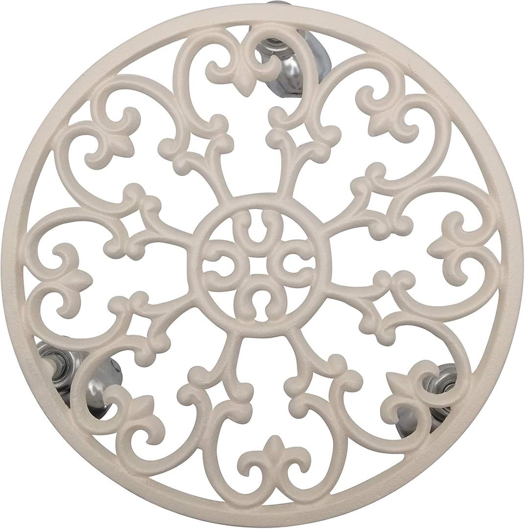 Comfy Hour 11.8" Heavy Duty Cast Iron Plant Stand with Wheels, Antique White Rolling Plant Caddy for Large Pots, Decorative Flower Pot Mover & Floor Protector for Indoor Outdoor Garden