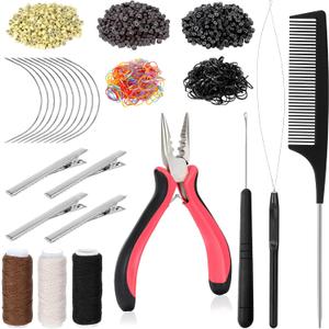 Hair Extension Tools Kit, 600 Silicone Lined Micro Rings, 1 Plier, 2 Hook Needle Pulling Loop, 10 Curved Hair Needle, 4 Metal Hair Clips, 1 Comb, 3 Sewing Threads, 200 Mini Rubber Bands
