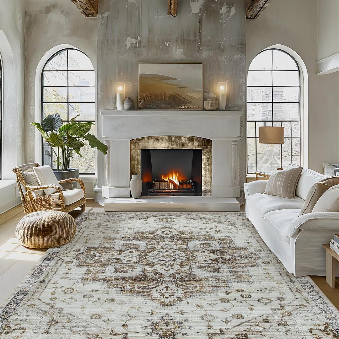 Washable Rug Living Room Rugs: 8x10 Area Rug Large Soft Boho Vintage Medallion Carpets Indoor Floor Anti Slip Non-Shedding Thin Carpet for Bedroom Dining Room Farmhouse Nursery Home Office-Taupe (8ft x 10ft)