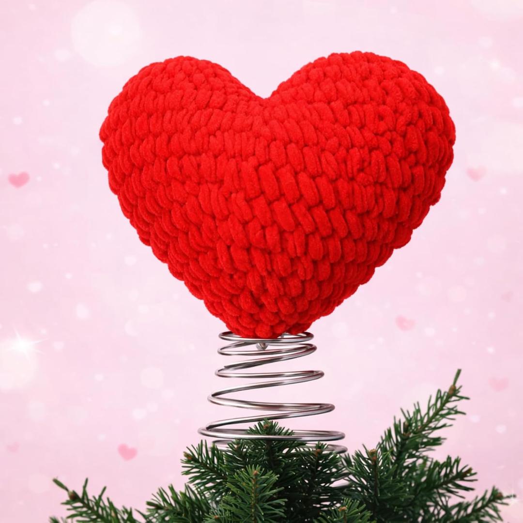 8.6" Valentine Day Knitted Tree Topper Heart Shape Tree Ornament Large Knitted Heart Hat for Valentine's Day Wedding Party Holiday Ornament Home Indoor Decor