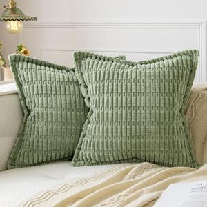 MIULEE Sage Green Corduroy Decorative Throw Pillow Covers Pack of 2 Soft Striped Pillows Pillowcases with Broad Edge Spring Winter Modern Boho Home Decor for Couch Sofa Bed 18x18 Inch