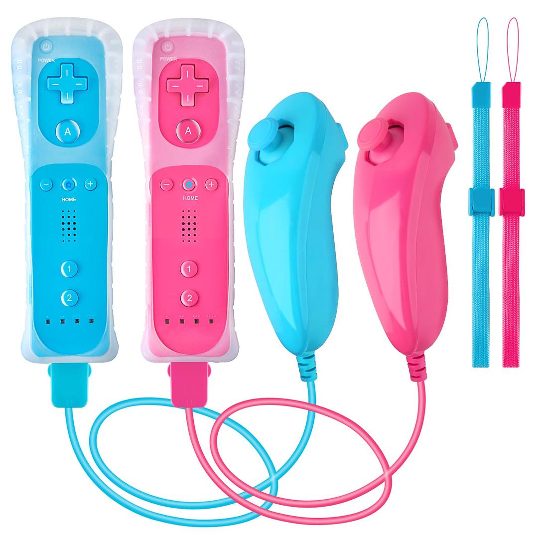XiQiDianr Wii Remote Controller and Nunchaku Controller,Wii Controller with Nunchuck, Used for Wii/Wii U Console, with Silicone Case and Wrist Strap (Pink+Blue)