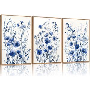 FWIEXA Blue White Wildflower Canvas Wall Art Set of 3, Framed Navy Chinoiserie Watercolor Botanical Pictures Wall Decor, Minimalist Floral Paintings Artwork, 24x36In Florals Prints for Living Room, Bedroom, Bathroom