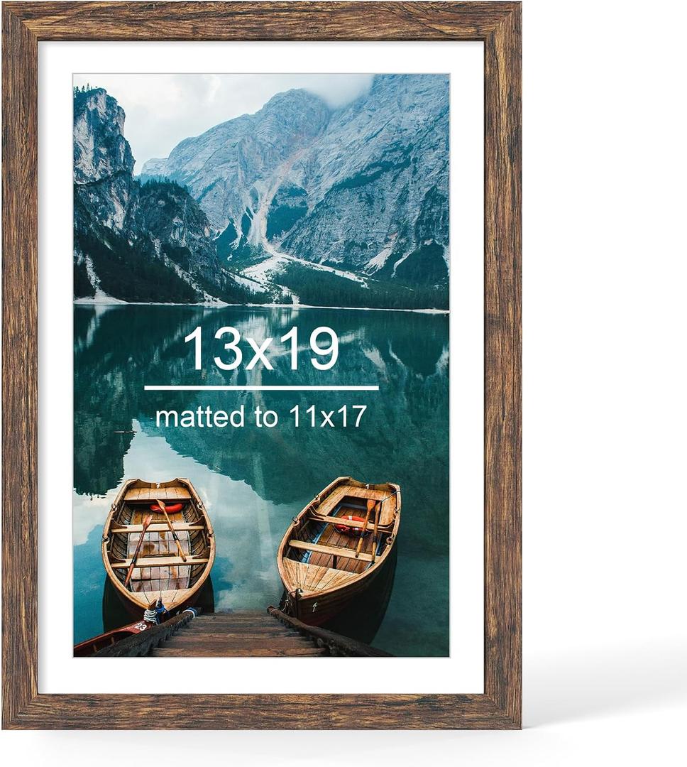 Hongkee 13x19 Picture Frame, Rustic Brown Wood Style - Display Posters 11 x 17 with Mat or 13x19 without Mat, Wall Mounting Horizontal and Vertical, 1 Pack