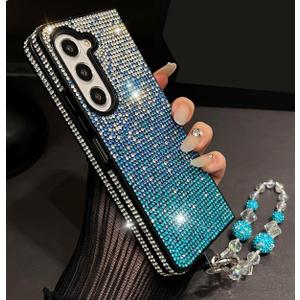 for Samsung Galaxy Z Fold 7 Bling Case Luxury Glitter Diamond Sparkly Rhinestone Cute Gemstone Slim Pretty Phone Cover with Crystal Wrist Strap for Women Girly,Blue