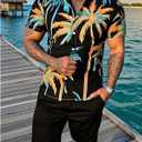 GORGLITTER Men's Patchwork Print Button Front Short Sleeve Collar Shirt and Drawstring Waist Shorts Set with Pocket (Black, L)