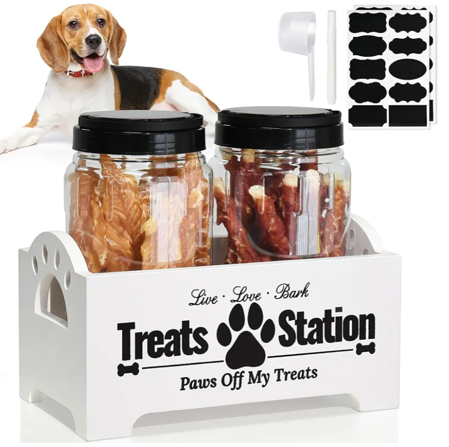 Dog Treat Container Dog Food Container for Dog Food Storage, Farmhouse Cat Food Container Pet Food Storage Organizer, Wood Dog Treat Holder with 2 Plastic Cat Dog Treat Jars, White Cat Treat Container