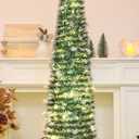 HMASYO 5 FT Pop Up Christmas Tree with Timer Lights, Tinsel Christmas Tree with Snowflake Ornaments, Collapsible Artificial Pencil Tree Xmas Decoration for Home, Office, Party, Easy Assembly (Peacock Green)