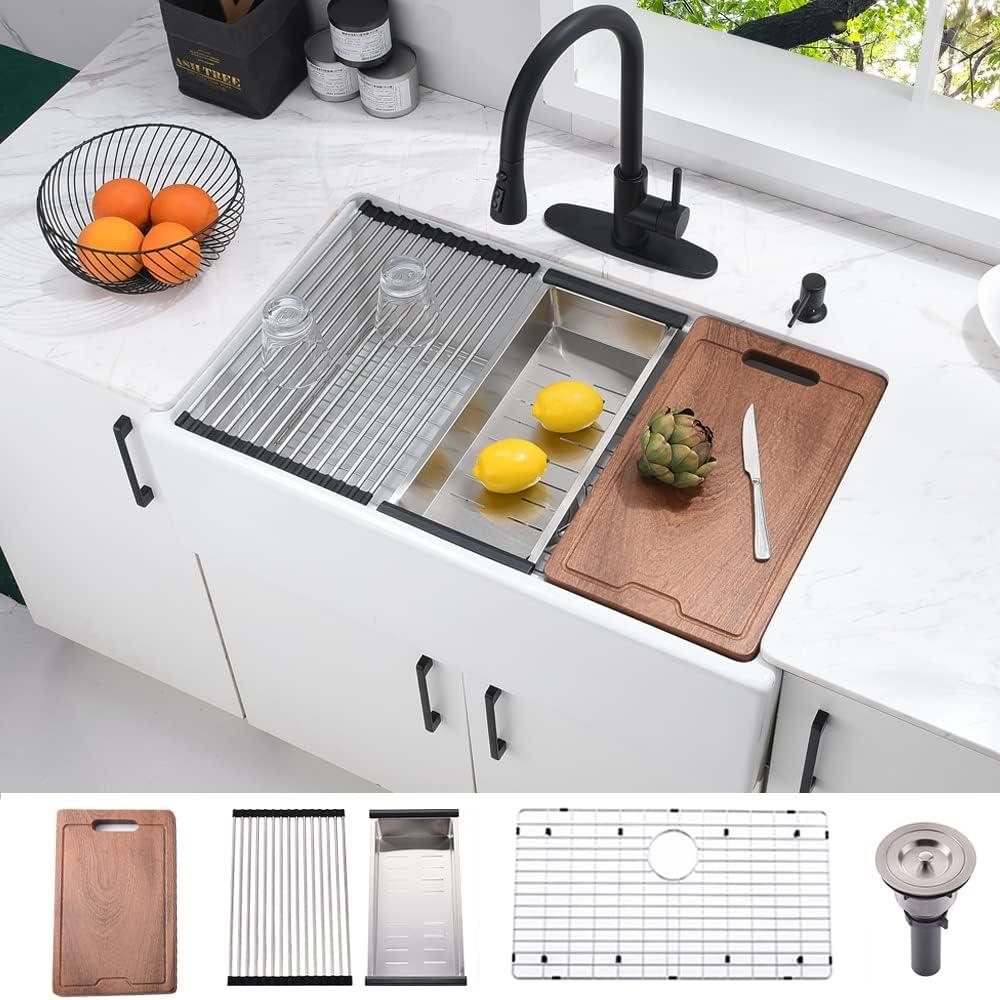 30 Inch White Farmhouse Sink Workstation-Bokaiya 30x20 Fireclay Farmhouse Apron Front Kitchen Sink Ledge WorkstationHeavy Porcelain Ceramic Single Bowl Farm Sink with Cutting Board