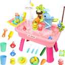Water Table for Toddlers 1-3, Kids Play Sink for Toddlers with Pump, Whale Slide, Waterfall Shower & Pretend Kitchen Accessories, Summer Baby Water Toy for Outdoor Backyard Sensory Play (Pink)