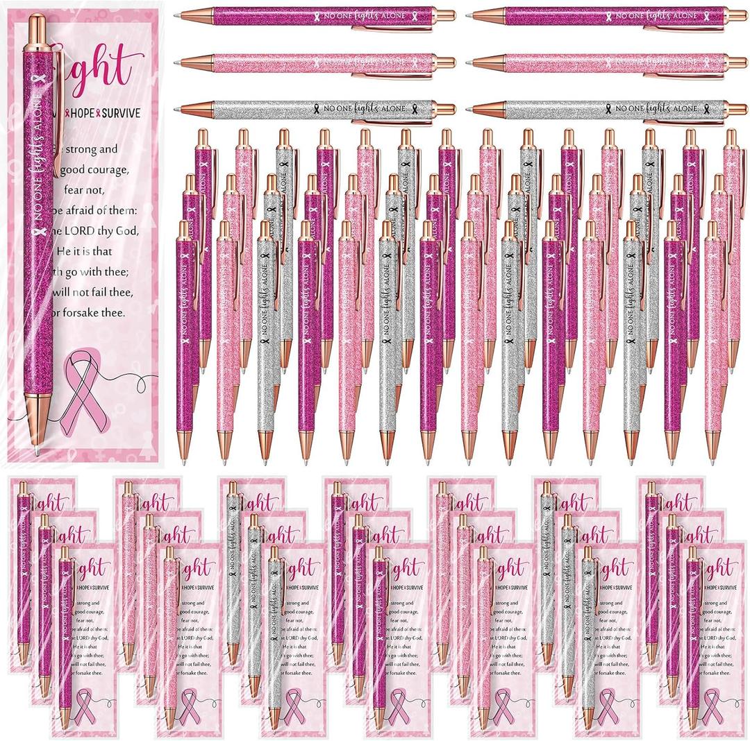 50 Set Breast Cancer Awareness Gifts Glitter Pens Bulk Pink Ribbon Breast Cancer Accessories with No One Fights Alone Cheer Up Cards for Women Survivor Patients Public Charity Events