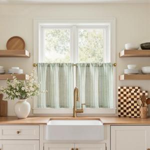 Jinchan Striped Linen Kitchen Curtains 20 Inches Length Tier Curtains Farmhouse Modern Cafe Style Small Window Treatments Airy Light Filtering Rod Pocket for Living Room Bathroom 2 Panels Sage Green