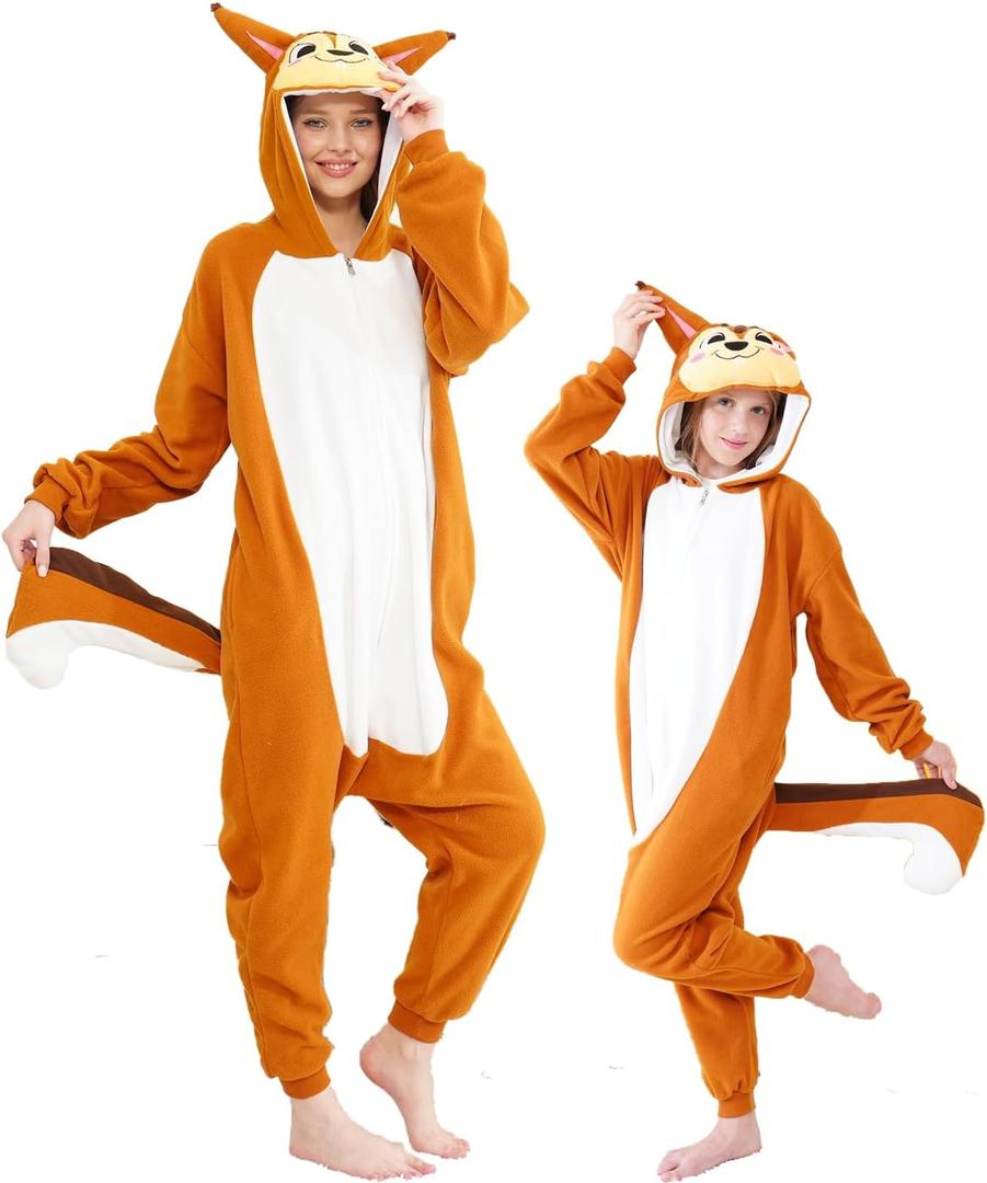 Unisex Adult Onesie Pajamas, Polar Fleece Cosplay Animal One Piece Halloween Costume Pajamas Homewear (3-4T, Squirrel)