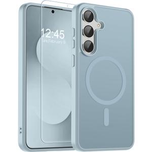 SUPFINE Magnetic for Samsung Galaxy S25 FE Case with Screen Protector,(Compatible with MagSafe)(Military Grade Drop Protection) Slim Translucent Shockproof Phone Case,Sliver Blue