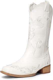 DREAM PAIRS Women's Cowboy Boots Mid Calf Cowgirl Boots Embroidery Stitched Square Toe Western Boots 7