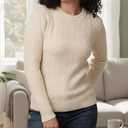 Womens White Crew Neck Sweater Long Sleeve Knit Pullover Top, Soft Fitted Winter Sweater for Women (Beige, M)
