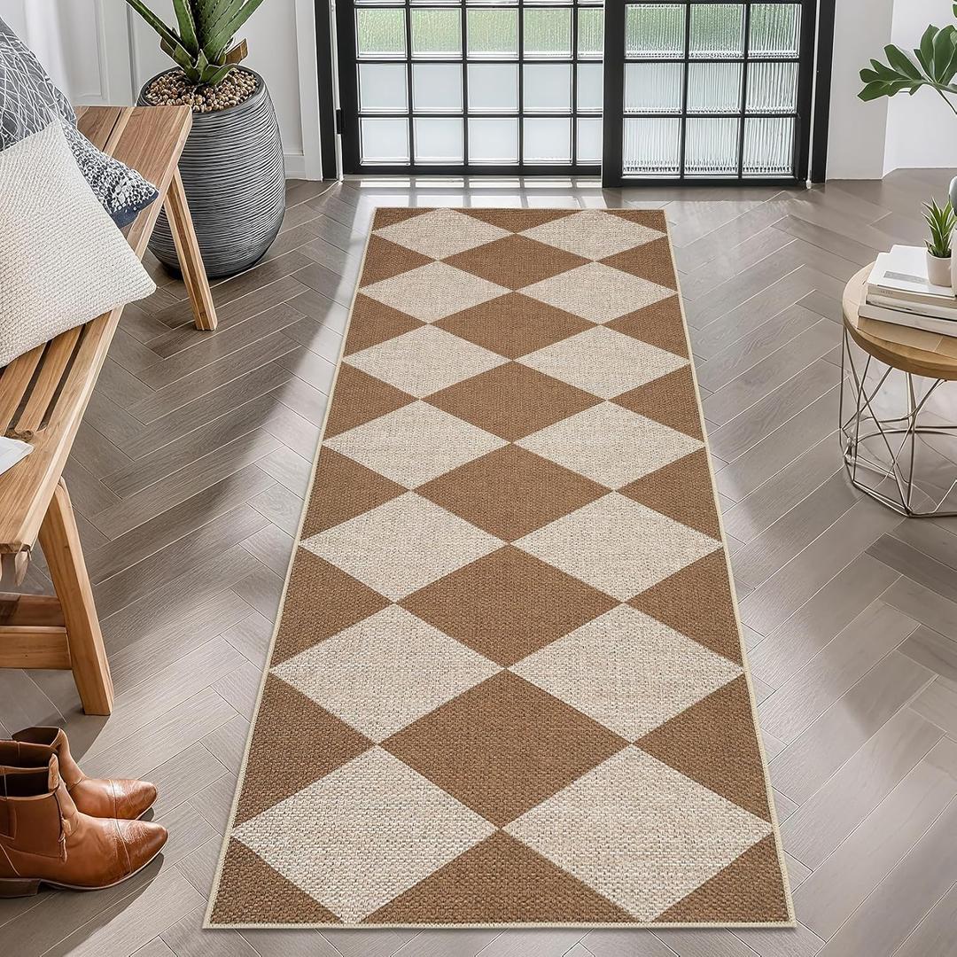 GarveeHome Easy Jute Rugs 2x8 Checkered Kitchen Runner Rugs Non Skid Washable Stain Resistant Indoor Outdoor Rugs for Living Room, Bedroom, Dining, Patio - Farmhouse Style Brown (Brown-checkerboard-1)