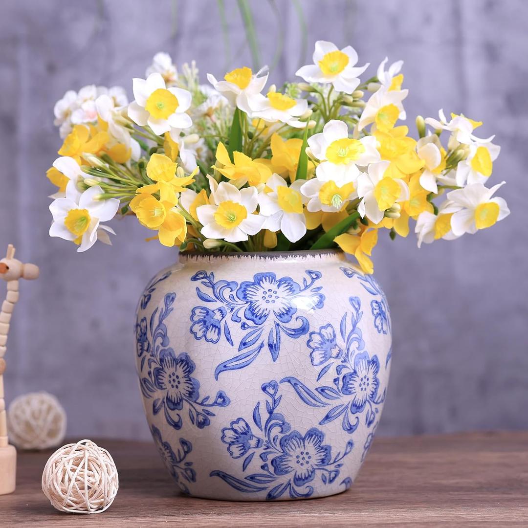 Blue and White Ceramic Vase, Vintage Porcelain Vase with Crackle Glaze, Farmhouse Rustic Oriental Decorative Centerpiece for Living Room, Dining Table, Entryway, and Bookshelf (Classic Belly)