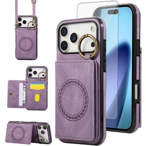 Compatible with iPhone 17 Pro Max 6.9 inch Wallet Case Screen Protector Crossbody Shoulder Strap Ring Buckle Stand Magnetic Car Mount Phone Cover for i Phone17 17Pro i17 ProMax 17ProMax Women Purple